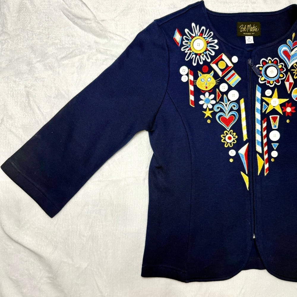 Vintage BOB MACKIE Black Jubilation Cat Heart Embroidered Zip Cardigan M - Picture 4 of 5